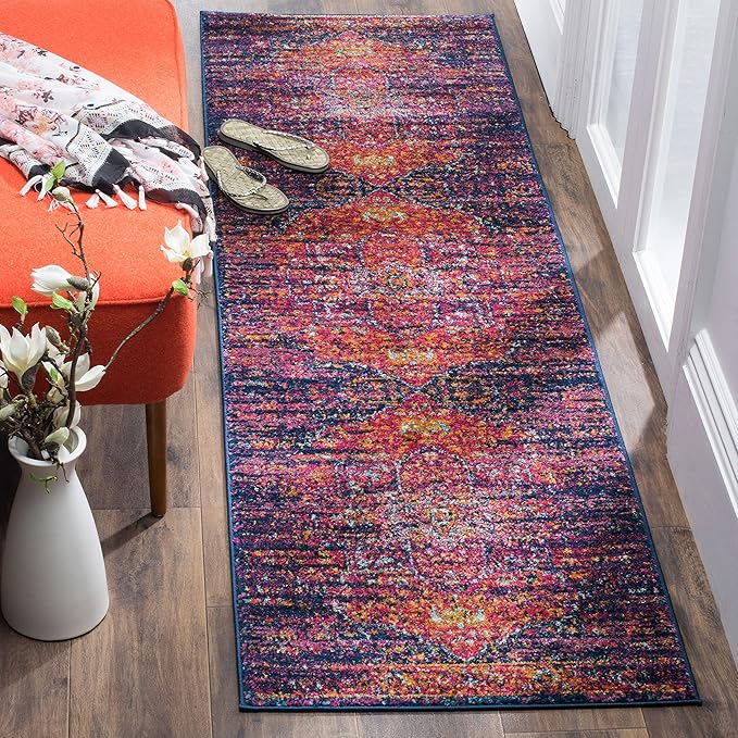 SAFAVIEH Evoke Collection 2'2" x 15' Blue / Fuchsia EVK275F Oriental Medallion Distressed Non-Shedding Living Room Bedroom Runner Rug