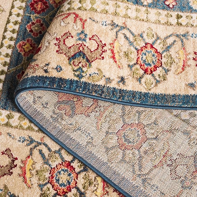 SAFAVIEH Kashan Collection Area Rug - 6'7" Square, Blue & Tan, Traditional Oriental Design, Non-Shedding & Easy Care, Ideal for High Traffic Areas in Living Room, Bedroom, Dining (KSN303G-7SQ)
