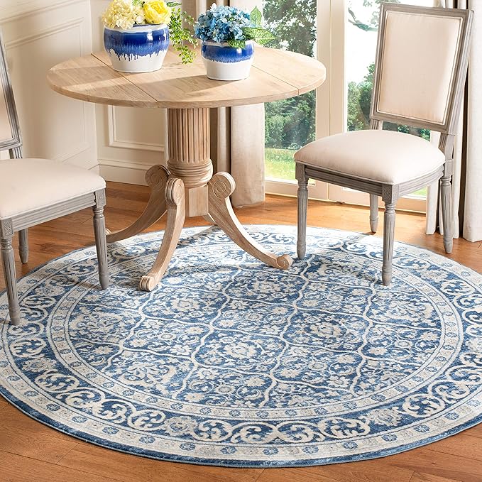 SAFAVIEH Brentwood Collection 3' Round Navy / Light Grey BNT870M Oriental Damask Trellis Non-Shedding Dining Room Entryway Foyer Living Room Bedroom Area Rug