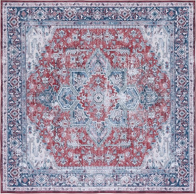 SAFAVIEH Washable Rug Tucson Collection - 6' Square, Red & Navy, Slip Resistant & Easy to Clean, Ideal for Living Room, Bedroom, Dining Space (TSN101S)