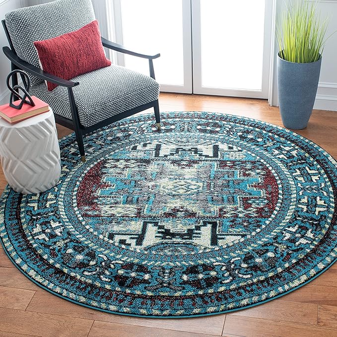 SAFAVIEH Vintage Hamadan Collection Area Rug - 8' Round, Light Blue & Black, Traditional Oriental Design, Non-Shedding & Easy Care, Ideal for High Traffic Areas in Living Room, Bedroom (VTH213M)