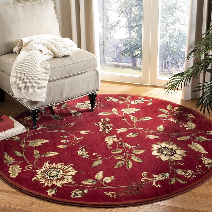 SAFAVIEH Lyndhurst Collection Area Rug - 5'3" Round, Red & Multi, Traditional Floral Design, Non-Shedding & Easy Care, Ideal for High Traffic Areas in Living Room, Bedroom (LNH552-4091)