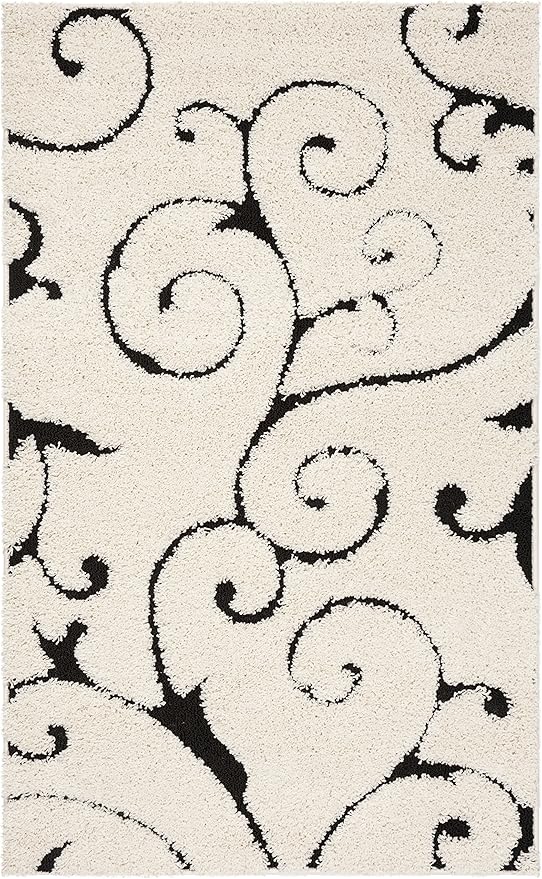 SAFAVIEH Florida Shag Collection Accent Rug - 4' x 6', Ivory & Black, Scroll Design, Non-Shedding & Easy Care, High-Low Plush Pile, Ideal for Living Room, Bedroom, Dining Space (SG455-1290)