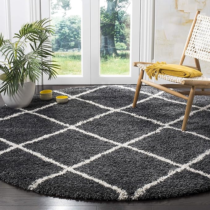 SAFAVIEH Hudson Shag Collection Area Rug - 8' Round, Dark Grey & Ivory, Trellis Design, 2-inch Thick, Ideal for The Living Room, Dining, Bedroom (SGH281G)