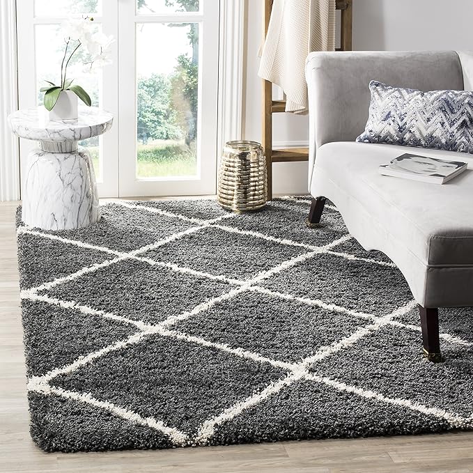 SAFAVIEH Hudson Shag Collection Area Rug - 7' Square, Dark Grey & Ivory, Modern Trellis Design, Non-Shedding & Easy Care, 2-inch Thick Ideal for High Traffic Areas in Living Room, Bedroom (SGH281G)
