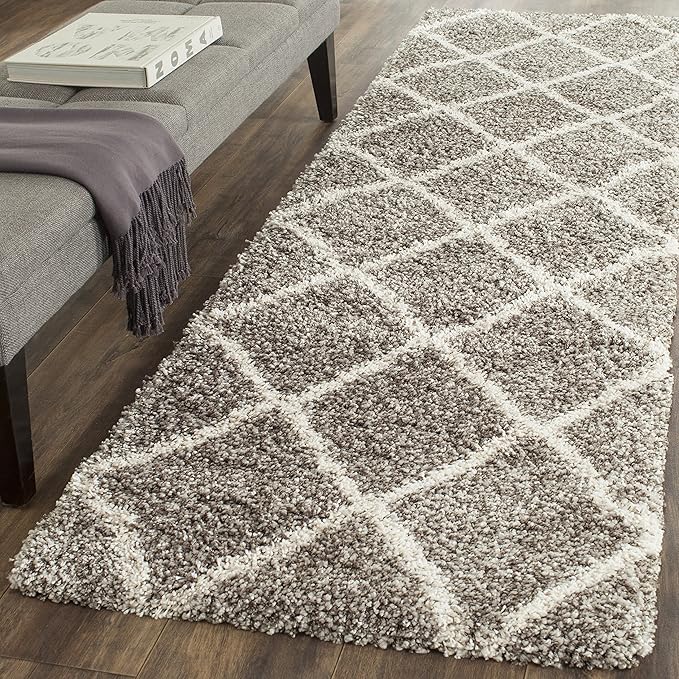 SAFAVIEH Hudson Shag Collection Runner Rug - 2'3" x 14', Grey & Ivory, Modern Trellis Design, Non-Shedding & Easy Care, 2-inch Thick Ideal for High Traffic Areas in Living Room, Bedroom (SGH281B)