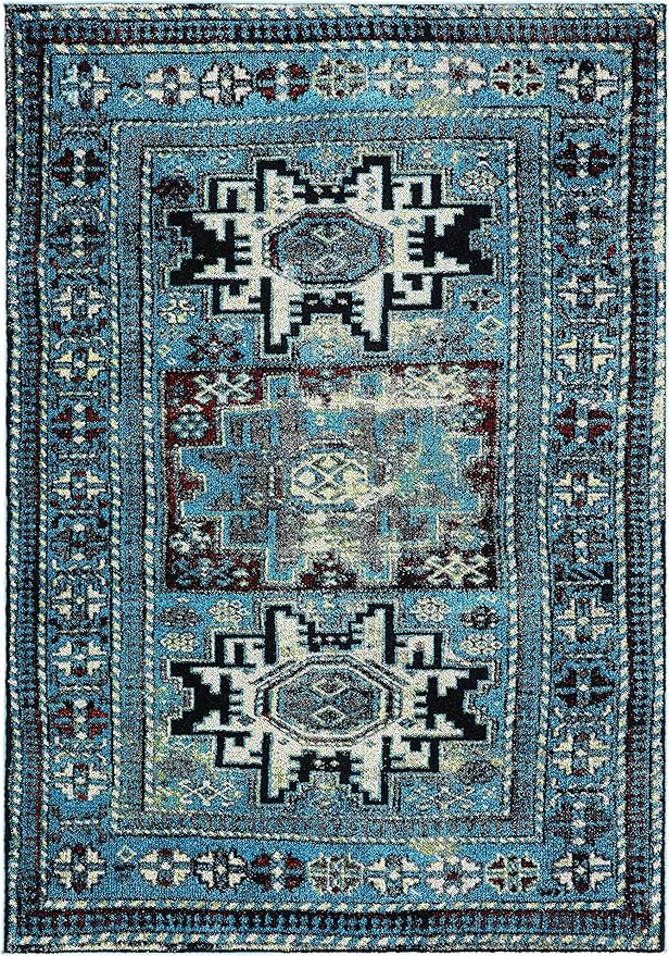SAFAVIEH Vintage Hamadan Collection Area Rug - 6'7" x 9', Light Blue & Black, Traditional Oriental Design, Non-Shedding & Easy Care, Ideal for High Traffic Areas in Living Room, Bedroom (VTH213M)