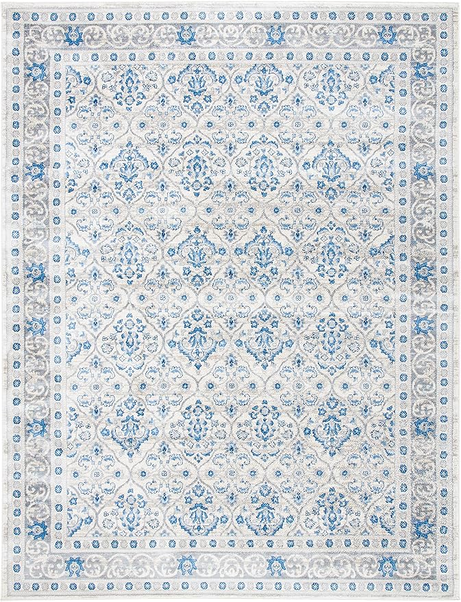 SAFAVIEH Brentwood Collection 8' x 10' Ivory/Blue BNT870A Oriental Damask Trellis Non-Shedding Living Room Bedroom Dining Home Office Area Rug