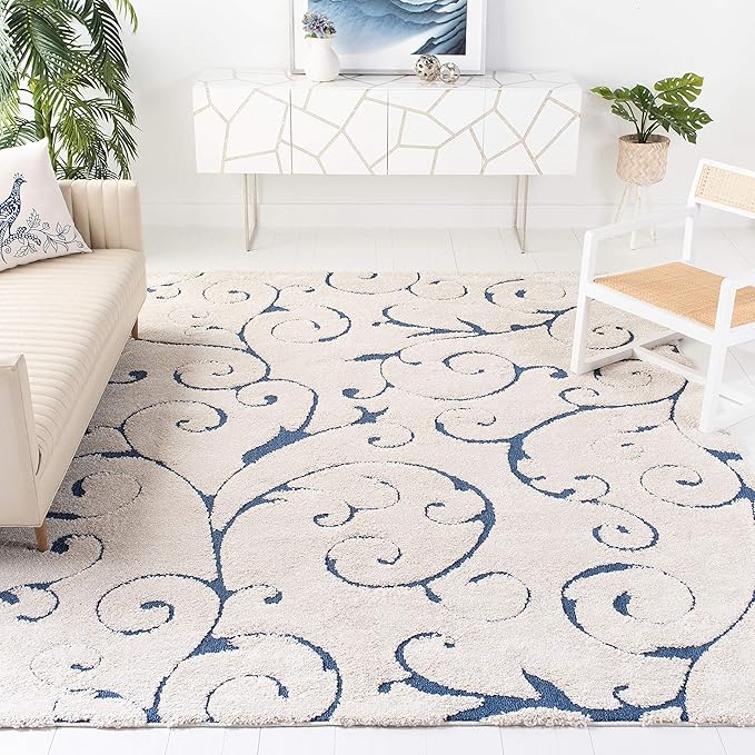 SAFAVIEH Florida Shag Collection Area Rug - 9'6" x 13', Cream & Blue, Scroll Design, Non-Shedding & Easy to Clean, High-Low Plush Pile, Ideal for Living Room, Bedroom, Dining Space (SG455-1165)