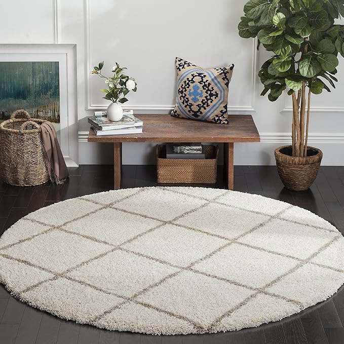 SAFAVIEH Hudson Shag Collection 11' Round Ivory/Beige SGH281D Modern Diamond Trellis Non-Shedding Living Room Bedroom Dining Room Entryway Plush 2-inch Thick Area Rug