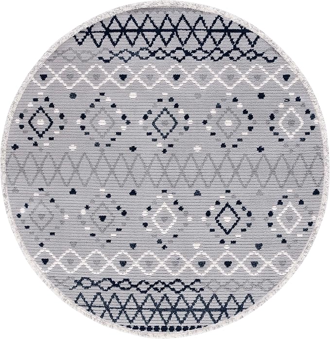 SAFAVIEH Marrakech Collection Area Rug - 6'7" Round, Grey & Navy, Moroccan Boho Tribal Rustic Design, Non-Shedding & Easy Care, Ideal for High Traffic Areas in Living Room, Bedroom (MRK612F)
