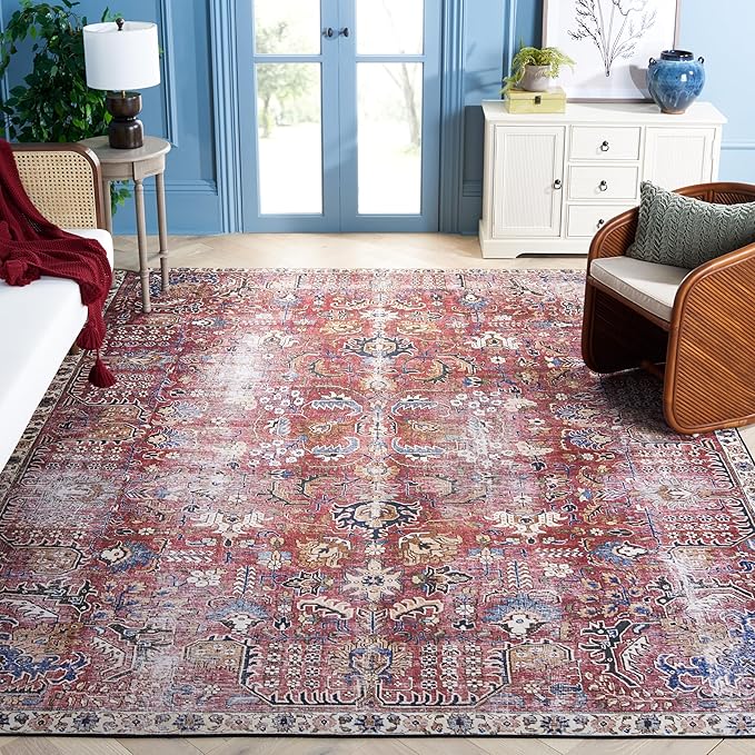 SAFAVIEH Washable Rug Tucson Collection - 8' Square, Red & Beige, Slip Resistant & Easy to Clean, Ideal for Living Room, Bedroom, Dining Space (TSN174Q)