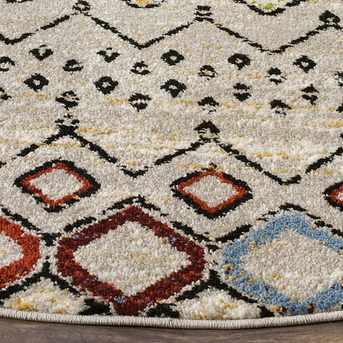 SAFAVIEH Amsterdam Collection 5 feet 1 inch x 5 feet 1 inch Round Light Grey / Multi AMS108G Moroccan Boho Non-Shedding Dining Room Entryway Foyer Living Room Bedroom Area Rug
