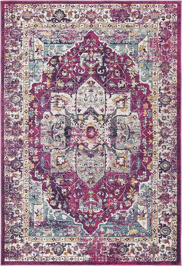 SAFAVIEH Evoke Collection Area Rug - 5'3" x 7'6", Fuchsia & Ivory, Oriental Medallion Distressed Design, Non-Shedding & Easy Care, Ideal for High Traffic Areas in Living Room, Bedroom (EVK275R)