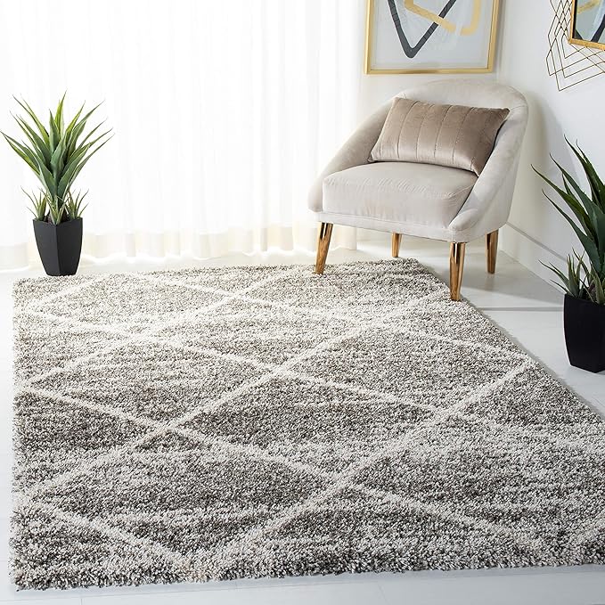 SAFAVIEH Hudson Shag Collection Area Rug - 7' Square, Distressed Grey & Ivory, Trellis Design, Non-Shedding & Easy Care, 2-inch Thick Ideal for High Traffic Areas in Living Room, Bedroom (SGH281K)