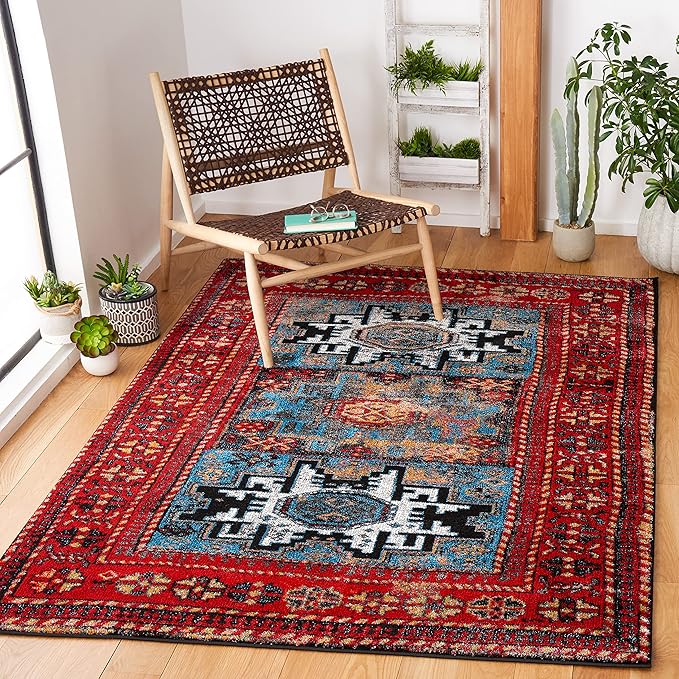 SAFAVIEH Vintage Hamadan Collection Accent Rug - 4' x 6', Red & Light Blue, Persian Design, Non-Shedding & Easy Care, Ideal for High Traffic Areas in Entryway, Living Room, Bedroom (VTH213Q)
