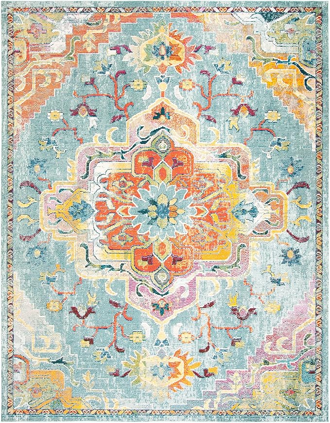 SAFAVIEH Crystal Collection Area Rug - 10' x 14', Teal & Orange, Medallion Distressed Design, Non-Shedding & Easy Care, Ideal for High Traffic Areas in Living Room, Bedroom (CRS501J)