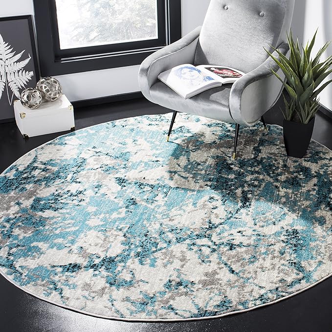 SAFAVIEH Skyler Collection 8' Round Blue/Ivory SKY186M Modern Abstract Non-Shedding Dining Room Entryway Foyer Living Room Bedroom Area Rug
