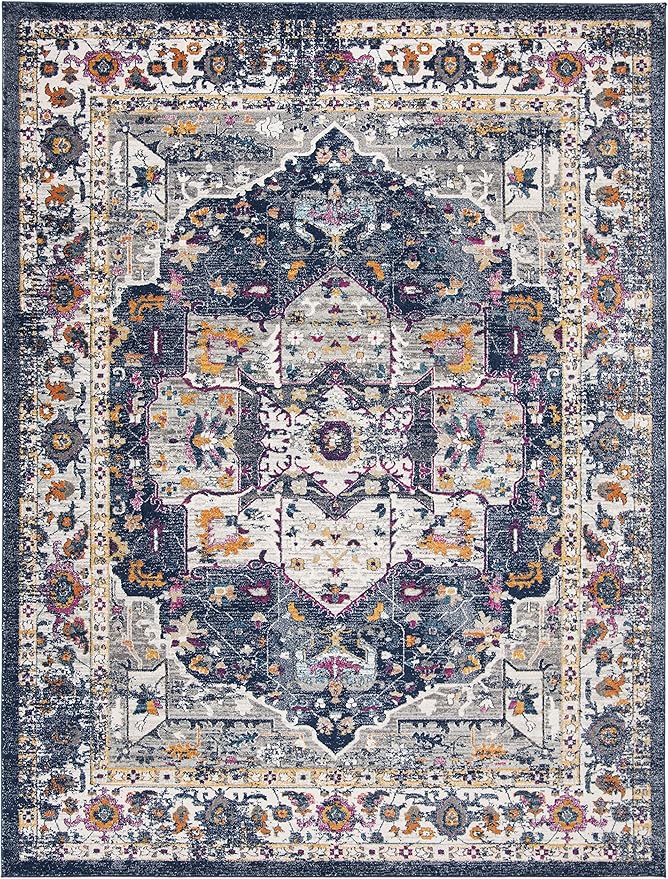 SAFAVIEH Evoke Collection Area Rug - 9' x 12', Navy & Grey, Oriental Medallion Distressed Design, Non-Shedding & Easy Care, Ideal for High Traffic Areas in Living Room, Bedroom (EVK275N)