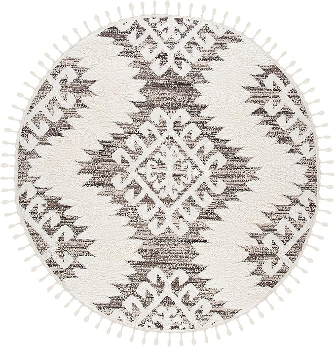 SAFAVIEH Moroccan Tassel Shag Collection Area Rug - 11' Round, Ivory & Brown, Boho Design, Non-Shedding & Easy Care, 2-inch Thick Ideal for High Traffic Areas in Living Room, Bedroom (MTS652A)