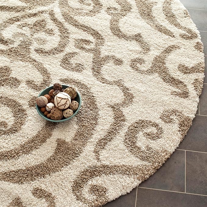 SAFAVIEH Florida Shag Collection 5' Round Cream/Beige SG462 Damask Non-Shedding Living Room Bedroom Dining Room Entryway Plush 1.2-inch Thick Area Rug