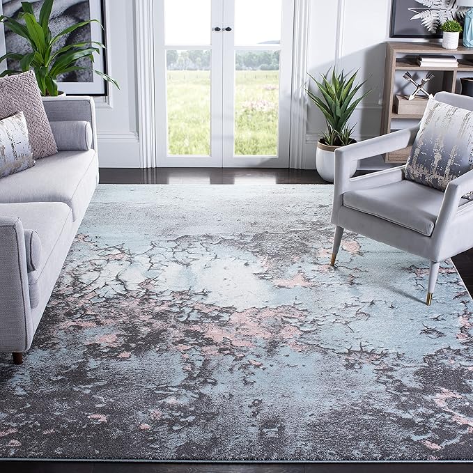 SAFAVIEH Glacier Collection Area Rug - 6'7" Square, Blue & Pink, Modern Abstract Design, Non-Shedding & Easy Care, Ideal for High Traffic Areas in Living Room, Bedroom (GLA125L)