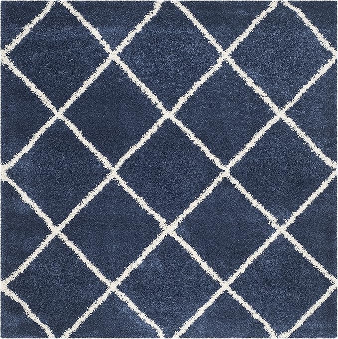 SAFAVIEH Hudson Shag Collection Area Rug - 7' Square, Navy & Ivory, Modern Trellis Design, Non-Shedding & Easy Care, 2-inch Thick Ideal for High Traffic Areas in Living Room, Bedroom (SGH281C)