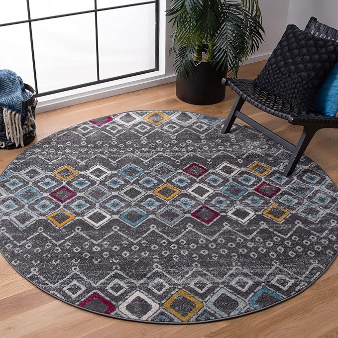 SAFAVIEH Amsterdam Collection 6'7" Round Dark Grey/Ivory AMS108H Moroccan Boho Non-Shedding Dining Room Entryway Foyer Living Room Bedroom Area Rug