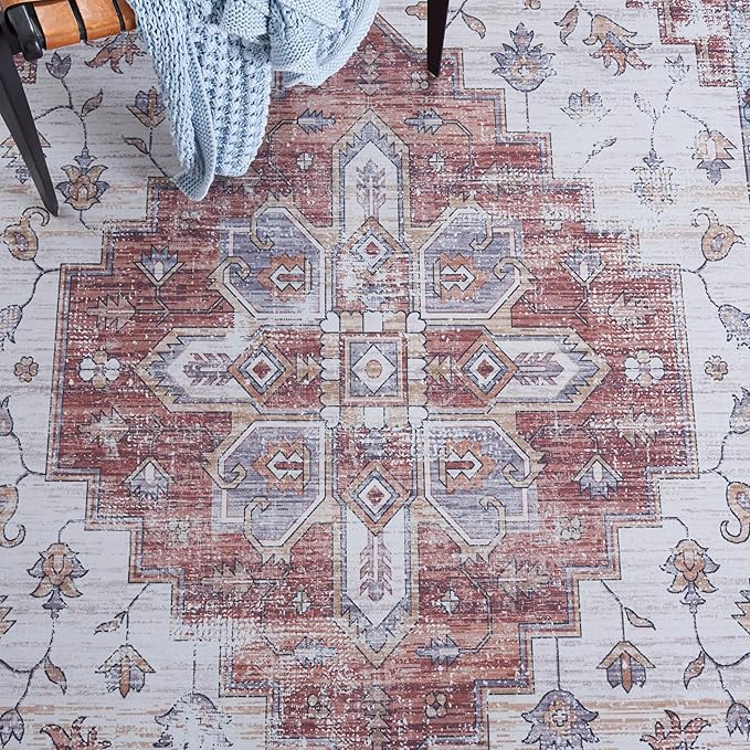 SAFAVIEH Washable Rug Tucson Collection - 4' x 6', Ivory & Rust, Slip Resistant & Easy to Clean, Ideal for Foyer, Kitchen, Nursery, Office, Bedroom (TSN109A)