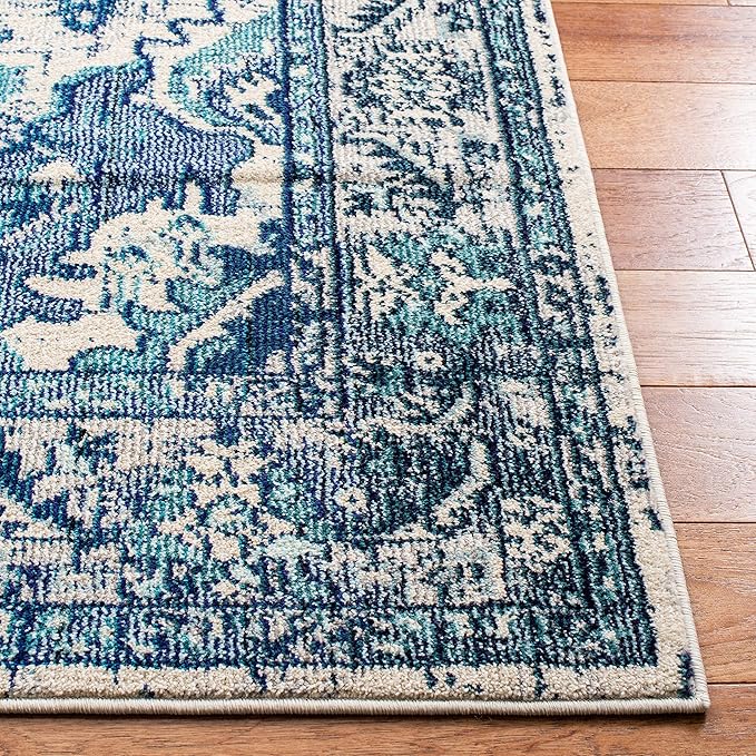 SAFAVIEH Monaco Collection Runner Rug - 2'2" x 12', Ivory & Blue, Non-Shedding & Easy to Clean, Distressed Medallion Design, Ideal for Hallway, Kitchen Foyer, Entryway (MNC243A)