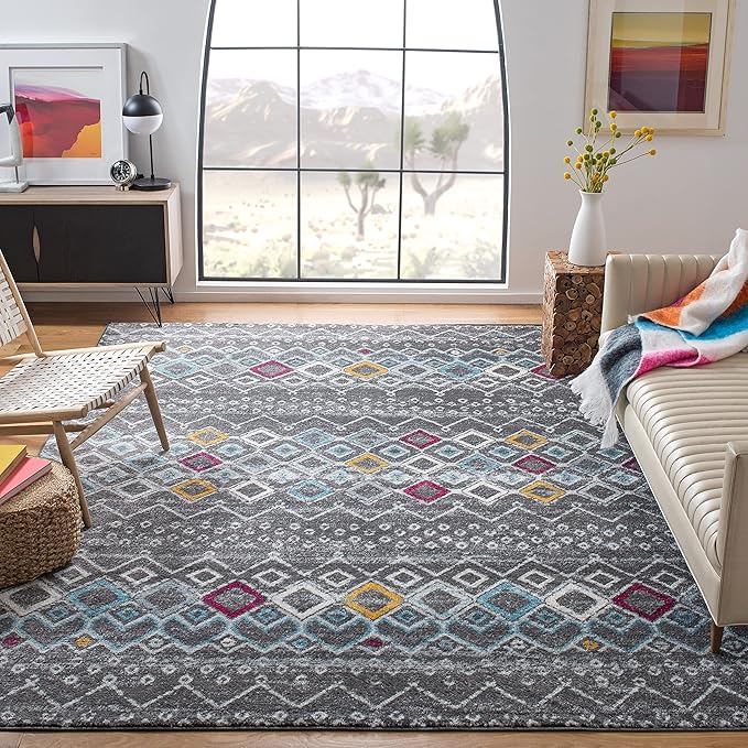 SAFAVIEH Amsterdam Collection Area Rug - 10' x 14', Dark Grey & Ivory, Moroccan Boho Design, Non-Shedding & Easy Care, Ideal for High Traffic Areas in Living Room, Bedroom (AMS108H)