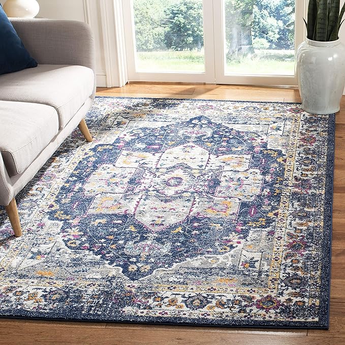 SAFAVIEH Evoke Collection Area Rug - 6'7" x 9', Navy & Grey, Oriental Medallion Distressed Design, Non-Shedding & Easy Care, Ideal for High Traffic Areas in Living Room, Bedroom (EVK275N)