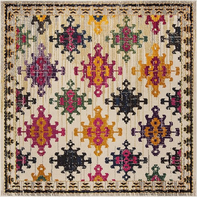 SAFAVIEH Monaco Collection Area Rug - 6'7" Square, Ivory & Multi, Boho Diamond Trellis Design, Non-Shedding & Easy Care, Ideal for High Traffic Areas in Living Room, Bedroom (MNC244A)