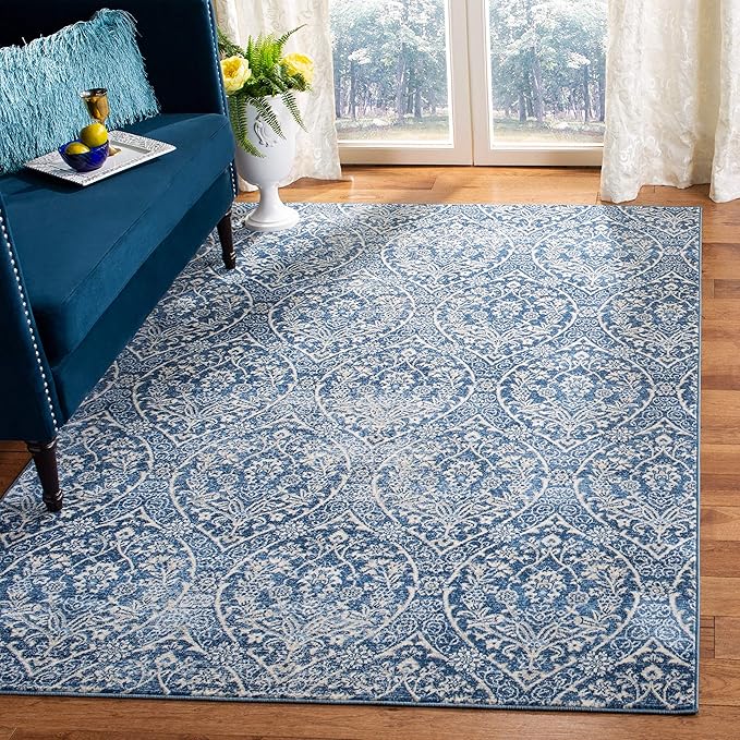 SAFAVIEH Brentwood Collection Accent Rug - 3' x 5', Light Grey & Blue, Floral Damask Trellis Design, Non-Shedding & Easy Care, Ideal for High Traffic Areas in Entryway, Living Room, Bedroom (BNT860G)