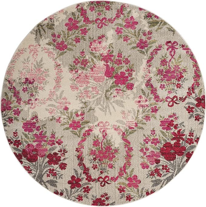 SAFAVIEH Monaco Collection 6'7" Round Ivory / Pink MNC205R Floral Non-Shedding Dining Room Entryway Foyer Living Room Bedroom Area Rug