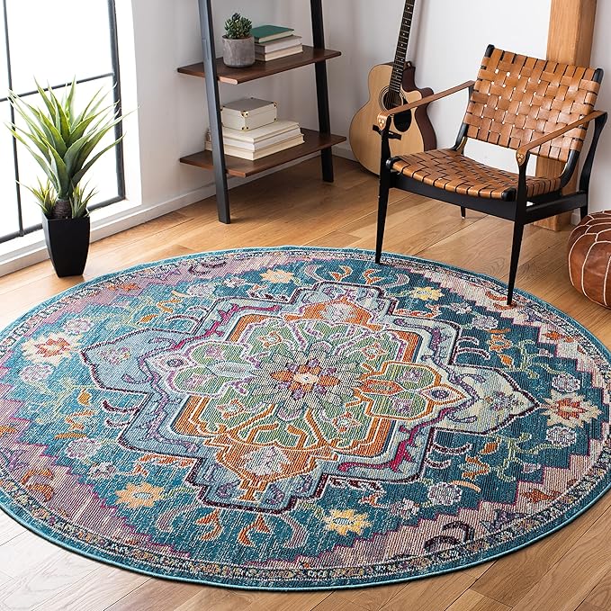 SAFAVIEH Crystal Collection 4' Round Teal / Rose CRS501T Boho Chic Oriental Medallion Distressed Non-Shedding Dining Room Entryway Foyer Living Room Bedroom Area Rug