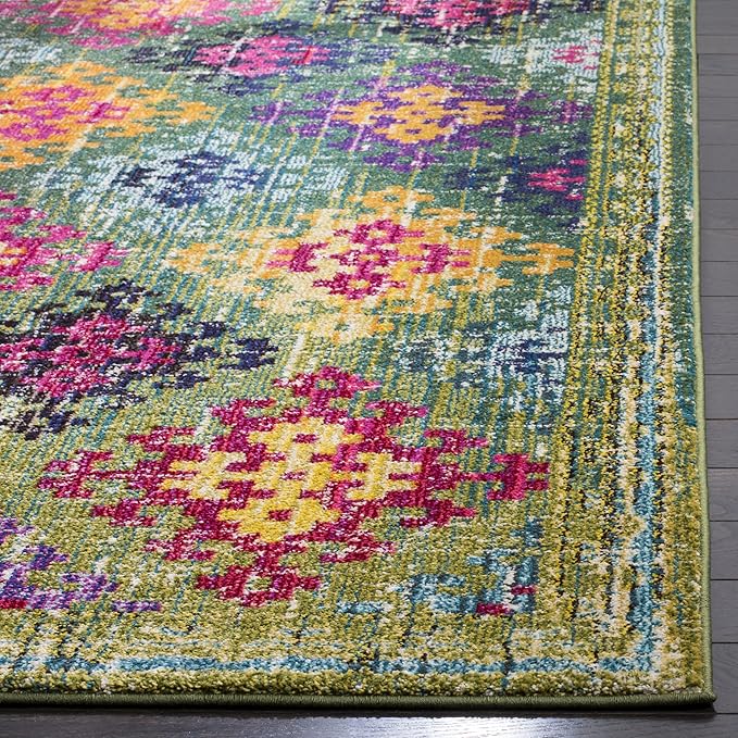 SAFAVIEH Monaco Collection Area Rug - 6'7" Square, Green & Multi, Boho Diamond Trellis Design, Non-Shedding & Easy Care, Ideal for High Traffic Areas in Living Room, Bedroom (MNC244G)