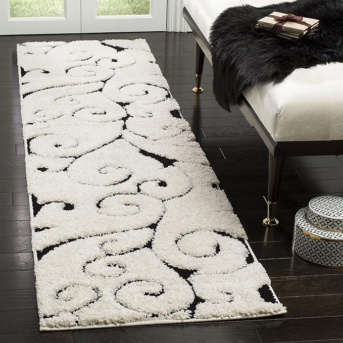 SAFAVIEH Florida Shag Collection Runner Rug - 2'3" x 15', Ivory & Black, Scroll Design, Non-Shedding & Easy to Clean, High-Low Plush Pile, Ideal for Bedroom, Foyer, Hallway (SG455-1290)