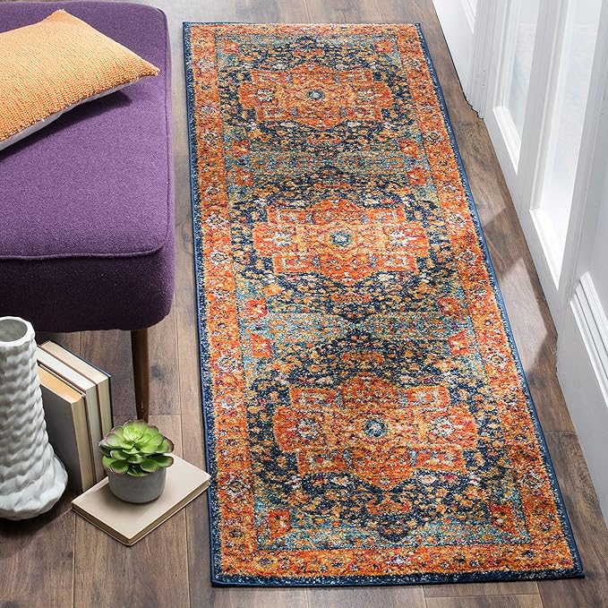 SAFAVIEH Evoke Collection 2'2" x 21' Blue/Orange EVK275C Oriental Medallion Distressed Non-Shedding Living Room Bedroom Runner Rug