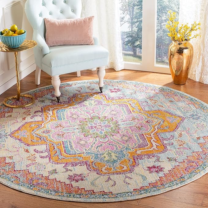SAFAVIEH Crystal Collection 5' Round Light Blue/Fuchsia CRS501B Boho Chic Oriental Medallion Distressed Non-Shedding Dining Room Entryway Foyer Living Room Bedroom Area Rug