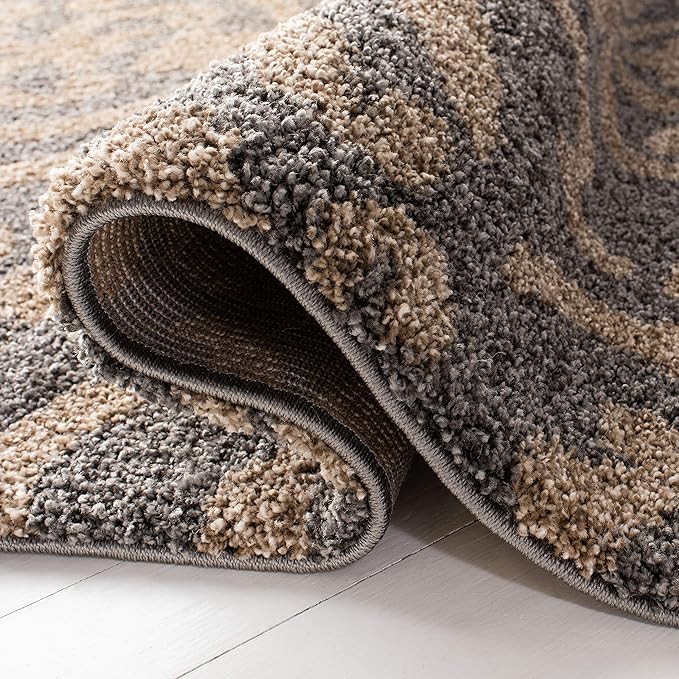 SAFAVIEH Florida Shag Collection Area Rug - 8'6" x 12', Grey & Beige, Damask Design, Non-Shedding & Easy Care, 1.2-inch Thick Ideal for High Traffic Areas in Living Room, Bedroom (SG462-8013)
