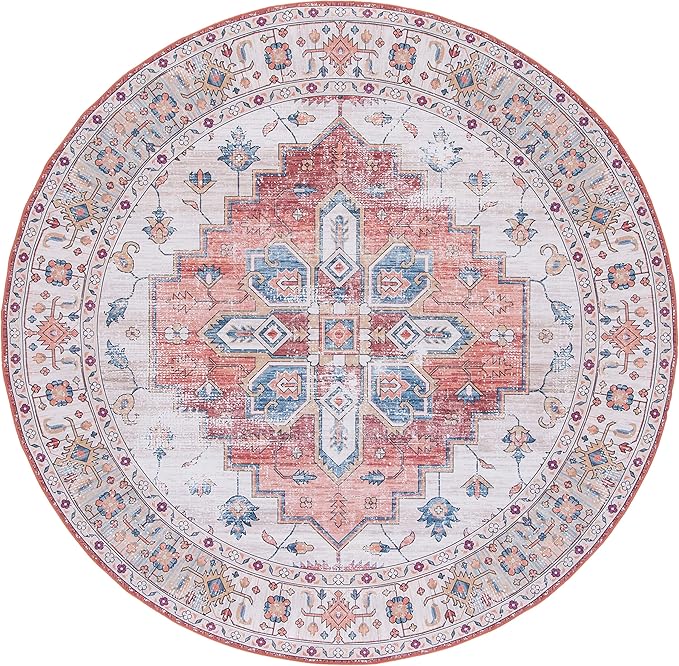 SAFAVIEH Washable Rug Tucson Collection - 6' Round, Beige & Blue, Slip Resistant & Easy to Clean, Ideal for Living Room, Bedroom, Dining Space (TSN109B)