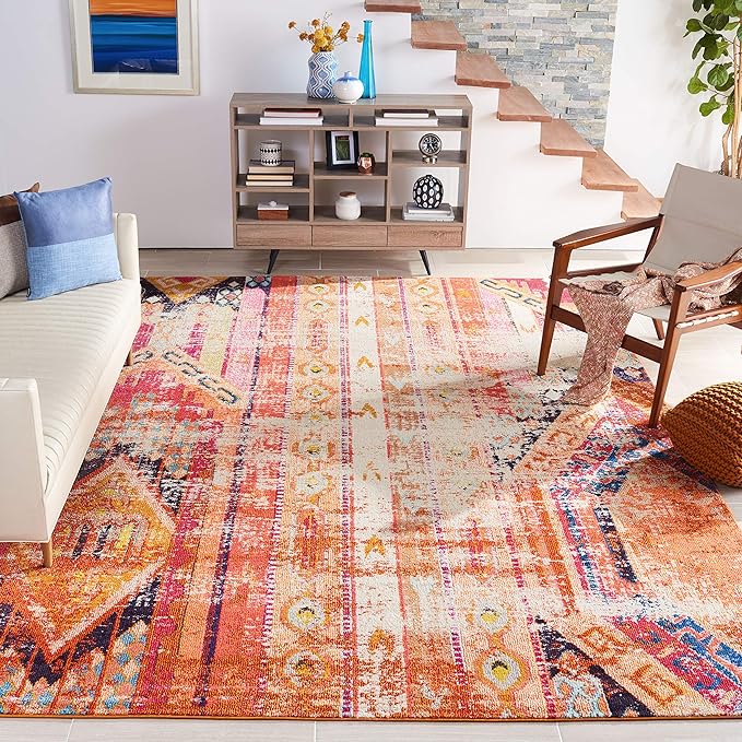 SAFAVIEH Monaco Collection Area Rug - 9' x 12', Orange & Multi, Boho Chic Tribal Distressed Design, Non-Shedding & Easy Care, Ideal for High Traffic Areas in Living Room, Bedroom (MNC222H)