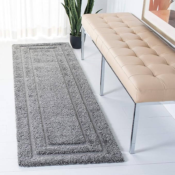 SAFAVIEH Florida Shag Collection Runner Rug - 2'3" x 7', Grey & Grey, Border Design, Non-Shedding & Easy Care, 1.2-inch Thick Ideal for High Traffic Areas in Living Room, Bedroom (SG454-8080)
