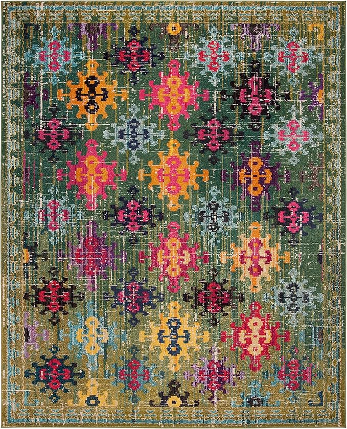 SAFAVIEH Monaco Collection Area Rug - 8' x 10', Green & Multi, Boho Diamond Trellis Design, Non-Shedding & Easy Care, Ideal for High Traffic Areas in Living Room, Bedroom (MNC244G)