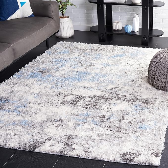 SAFAVIEH Lindsay Shag Collection Area Rug - 4' x 6', Grey & Blue Ivory, Modern Design, 1.8-inch Thick, Ideal for High Traffic Area in Living Room, Bedroom, Dining (LNS556F-4)