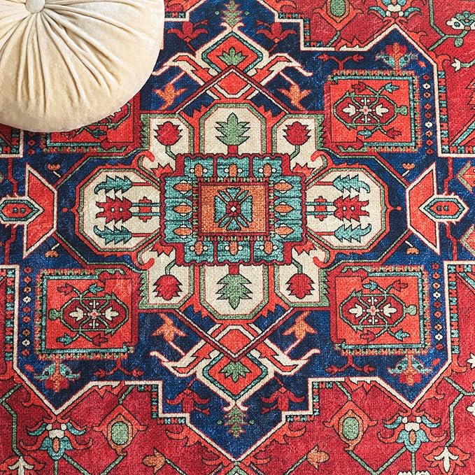 SAFAVIEH Washable Rug Orlando Collection - 9' x 12', Red & Beige, Non-Shedding & Easy to Clean, Ideal for Living Room, Bedroom, Dining Space (ORL758Q)