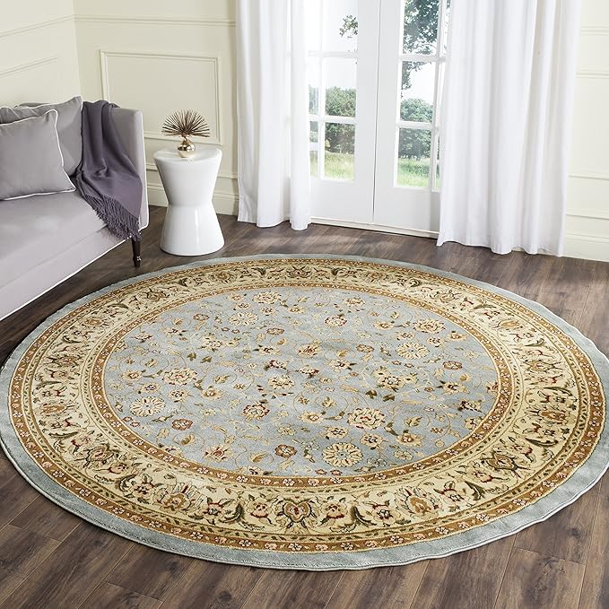 SAFAVIEH Lyndhurst Collection Area Rug - 8' Round, Light Blue & Ivory, Traditional Oriental Design, Non-Shedding & Easy Care, Ideal for High Traffic Areas in Living Room, Bedroom (LNH312B)