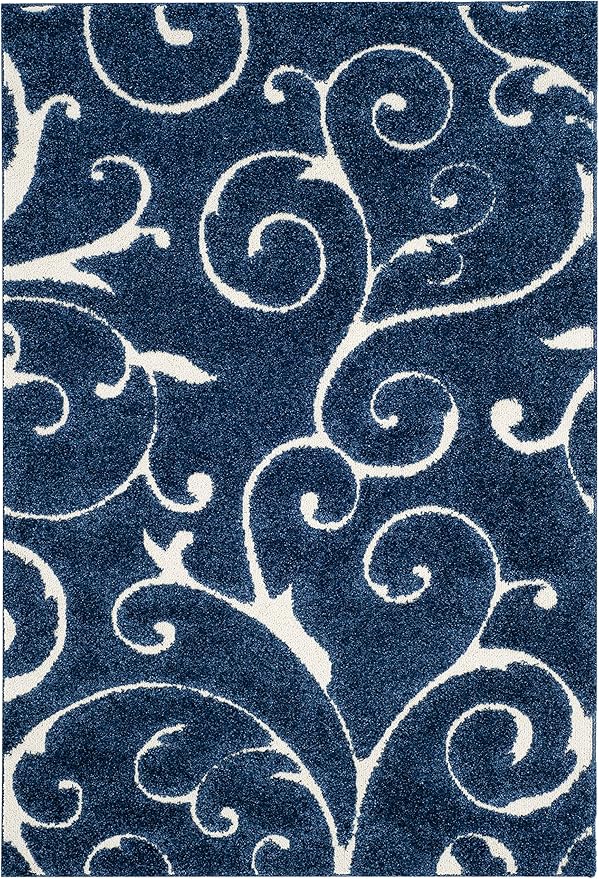 SAFAVIEH Florida Shag Collection Area Rug - 5'3" x 7'6", Dark Blue & Cream, Scroll Design, Non-Shedding & Easy to Clean, High-Low Plush Pile, Ideal for Living Room, Bedroom, Dining Space (SG455-6511)