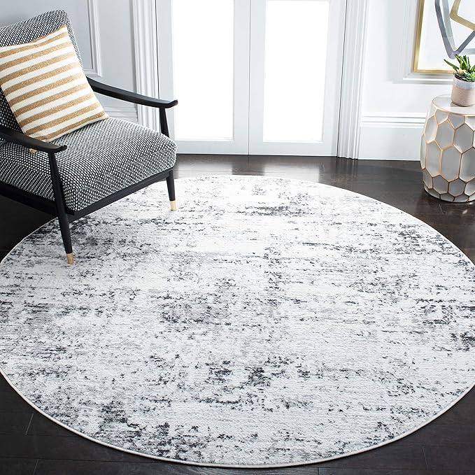 SAFAVIEH Amelia Collection Area Rug - 5'3" Round, Ivory & Grey, Modern Abstract Design, Non-Shedding & Easy Care, Ideal for High Traffic Areas in Living Room, Bedroom (ALA700C)
